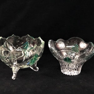 A Set of Two Heavy Crystal Footed Dishes With Tinted and Etched Green Leaves