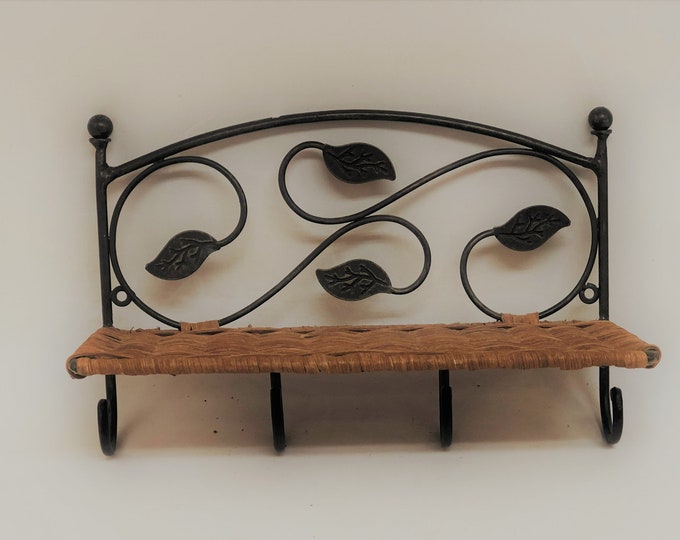Vintage Wicker Wall Shelf With 4 Hooks Etsy