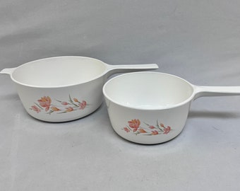 Vintage Corning Ware Peach Floral Saucepans, 1-1/2 Liter and 2-1/2 Liter