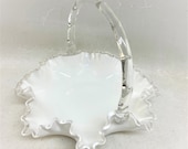 Vintage Large Fenton Milk Glass Silver Crest Basket Bowl, 11 quot