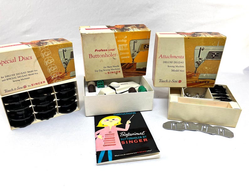 Vintage Singer Professional Buttonholer, Special Discs and Attachments With Box and Instruction Booklet image 1