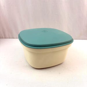 May include: A vintage, off-white plastic container with a teal lid. The container has a rounded rectangular shape and a teal-colored lid. The lid has a small, circular indentation in the center. The container is likely for food storage.