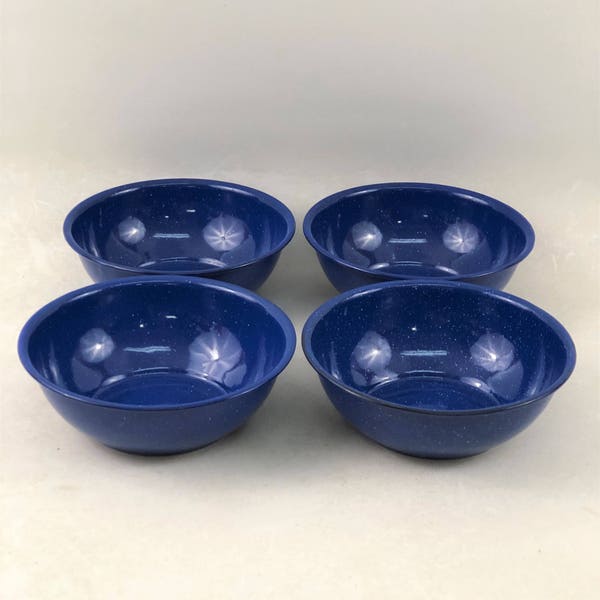 Blue and White Speckled Enamelware Salad/Cereal Bowls, 4 Piece Set