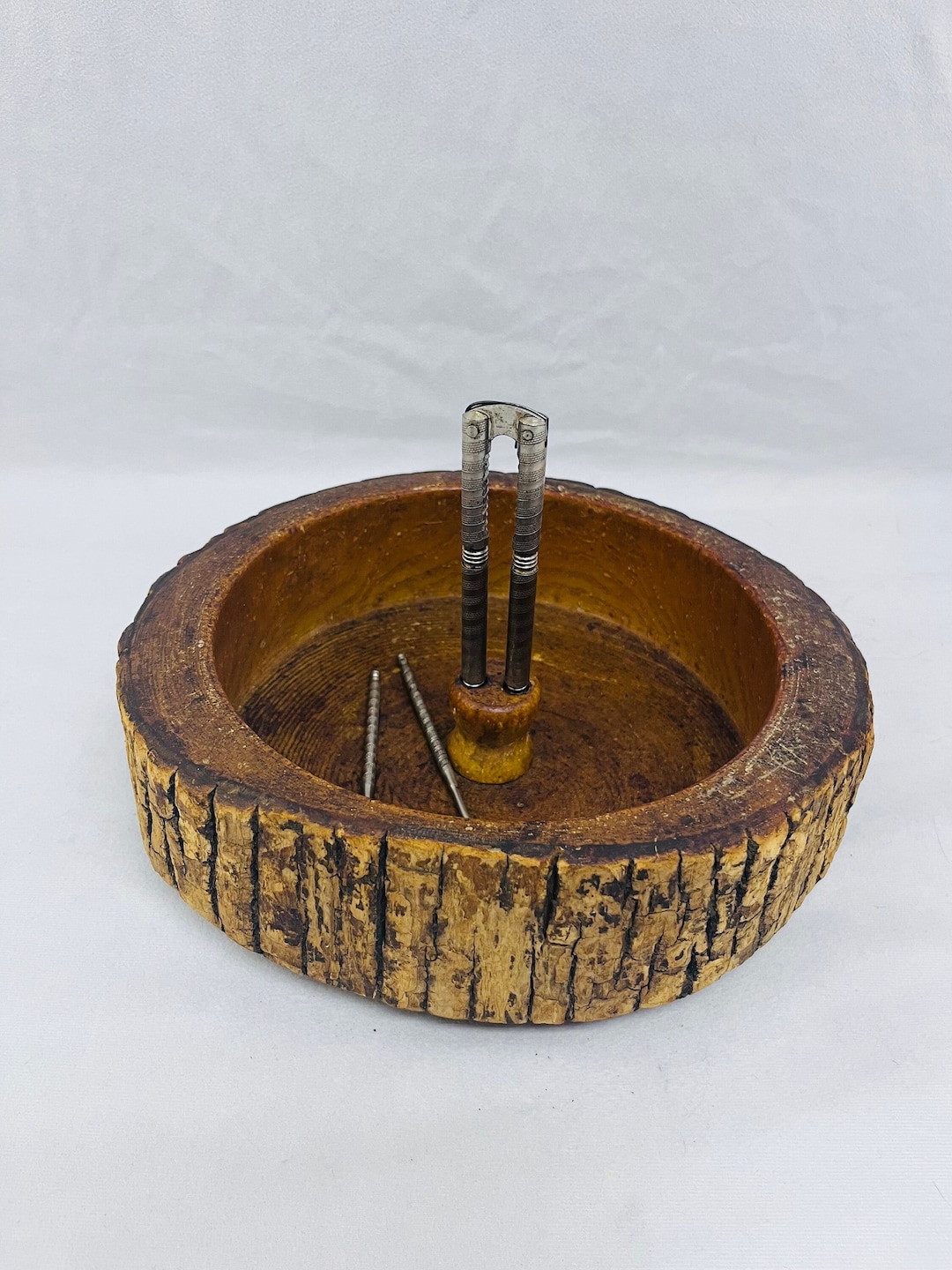 Vintage Rustic Wood Log Nut Bowl With Nut Cracker Utensils Etsy