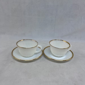 Vintage Anchor Hocking Fire King White Milk Glass Cups and Saucers With Gold Trim Set of 2