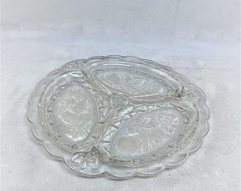 Vintage Pressed Glass, Divided Relish Dish, Fruit Design