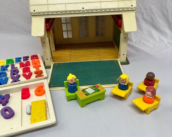 Vintage Fisher Price School House 1971 With Little People, Accessories and Magnetic Letters and Numbers