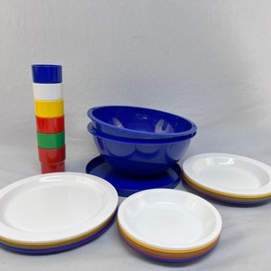 Ingrid Picnic Ball Dish Set, Bright Plates, Bowls and Cups, Stacking Dishes, Ingrid Ltd Chicago, 27 Total Pieces