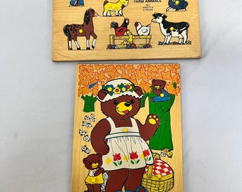 Vintage Fisher Price Wood Puzzles, 10 Piece Bear and Cubs, and 9 Piece Farm Animals