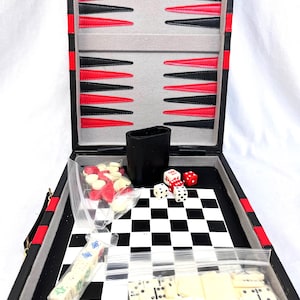 Vintage Combination Game Set in Faux Leather Case, Checkers, Backgammon, Poker, Dominoes