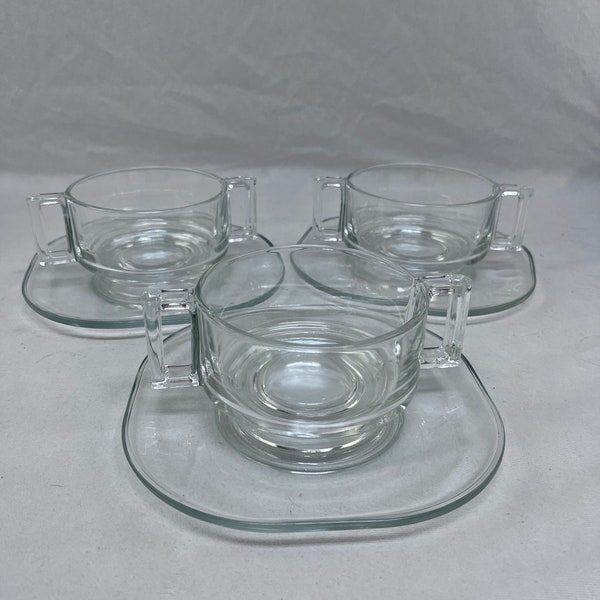 Vintage Mid Century Atomic Joe Colombo Italy 2 Handled Glass Soup Bowls and Plates, 6 Piece Set