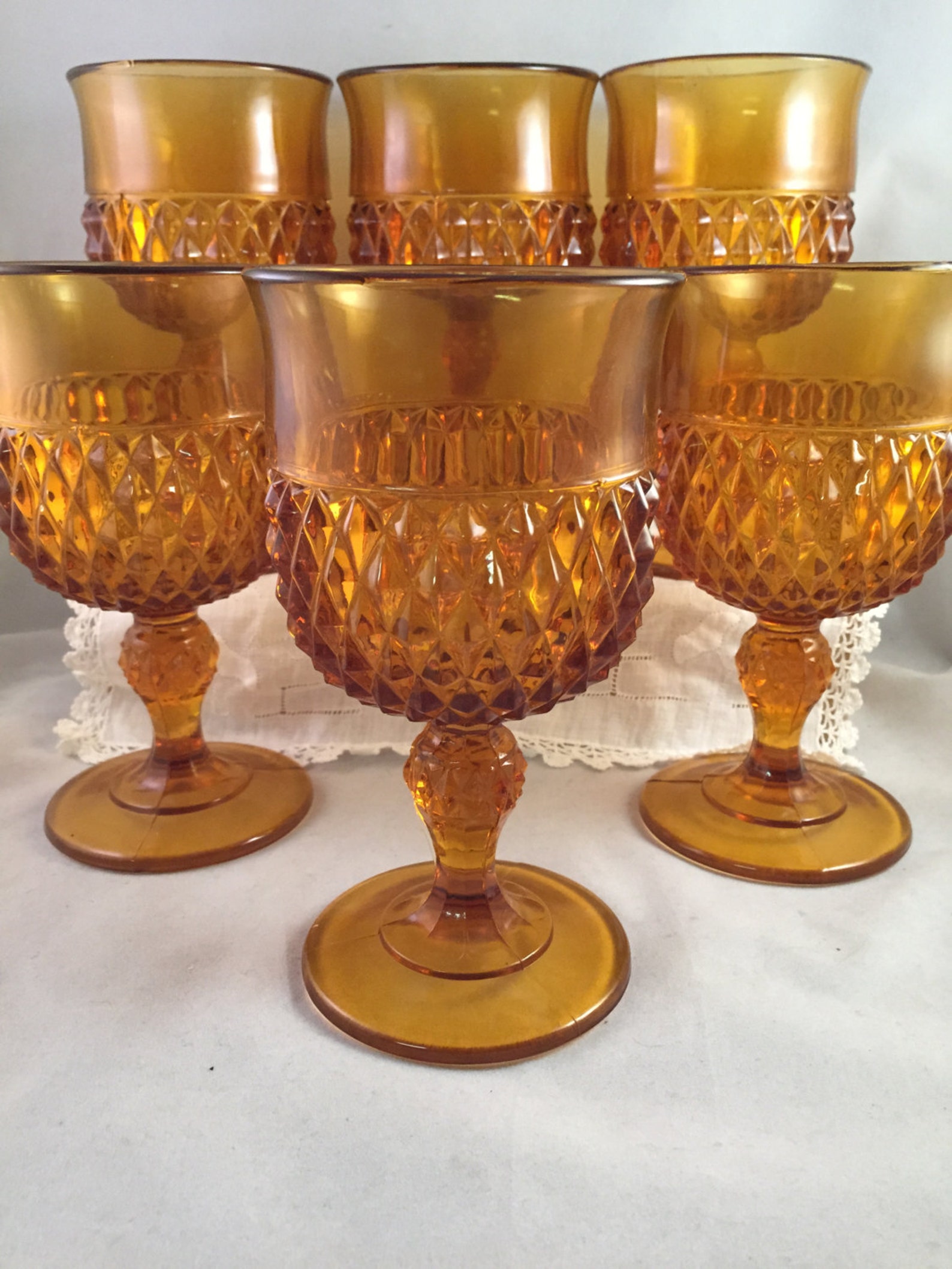 Vintage Amber Diamond Cut Hobnail Design Drinking Glasses Set Etsy