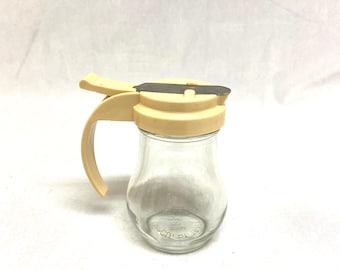 Vintage Small Glass Syrup/Sugar Pitcher Dispenser With Beige Lid