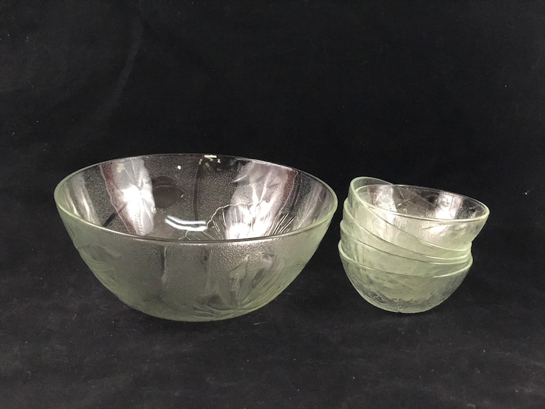 Vintage Glass Salad Bowl Set Pressed Floral Design 6 Piece Set