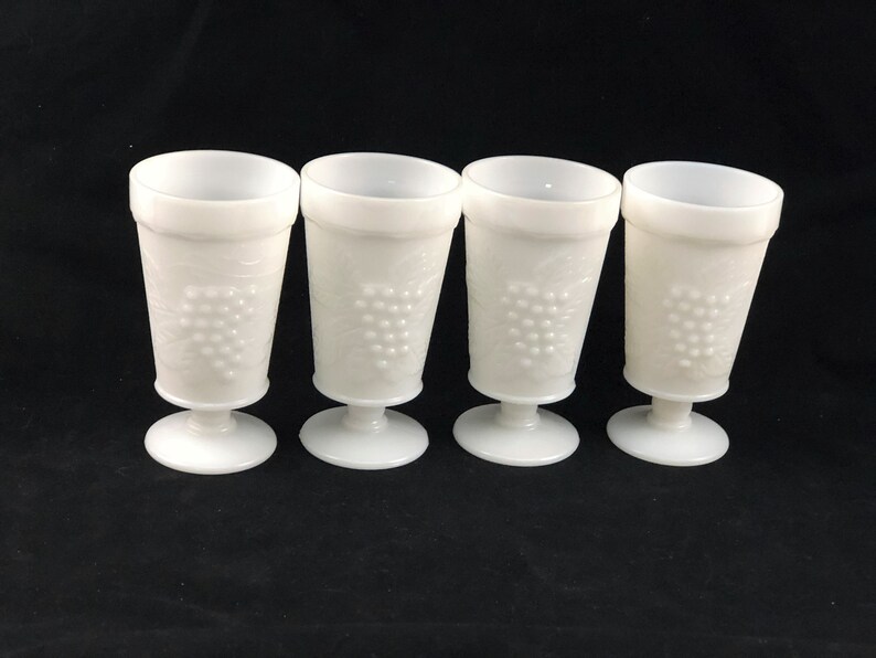 Vintage Pedestal Grape Design Milk Glass Drinking Glasses Set Etsy