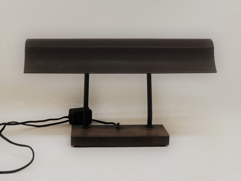 Vintage Large Brown Industrial Desk Lamp Metal With Wood Base
