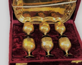 Vintage Brass and Silver Stemmed Cordial Glasses With Tray in Velvet Lined Case