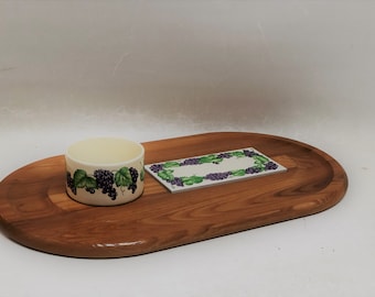 Large Wood and Tile Cheese and Dip Serving Tray With Ceramic Bowl, Cornwall