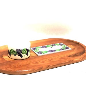 Large Wood and Tile Cheese and Dip Serving Tray With Ceramic Bowl, Cornwall