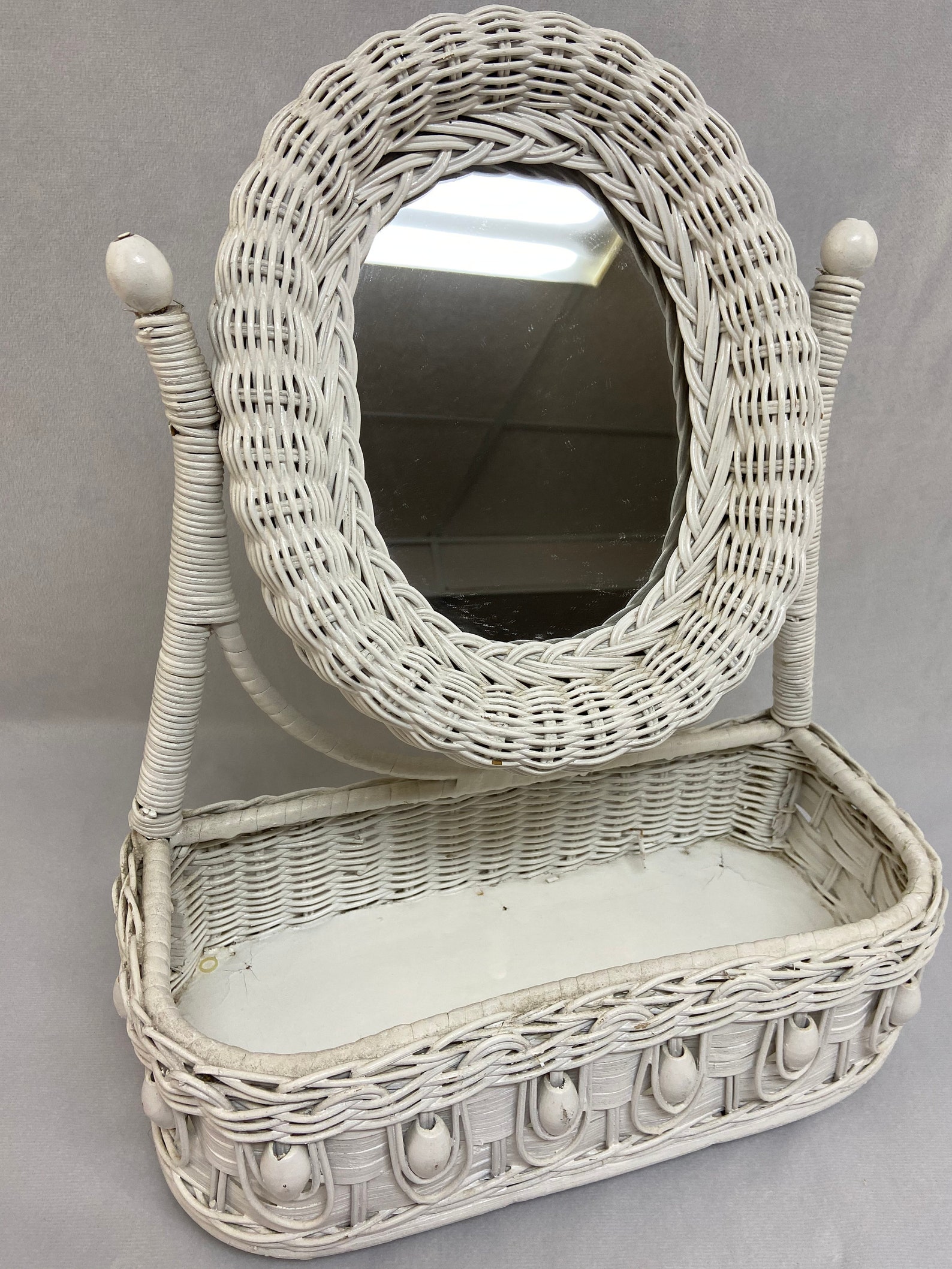 Vintage White Wicker/Rattan Vanity Mirror With Basket Etsy