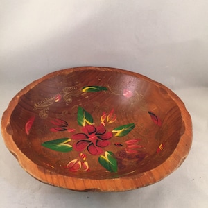 Antique Vintage Hand Carved, Hand Painted Wood Bowl, Tole Painting