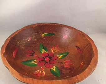 Antique Vintage Hand Carved, Hand Painted Wood Bowl, Tole Painting