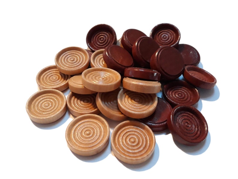 30 Backgammon Pieces Wooden Checkers 2 Dice Wood Reddish Brown Natural 1.25