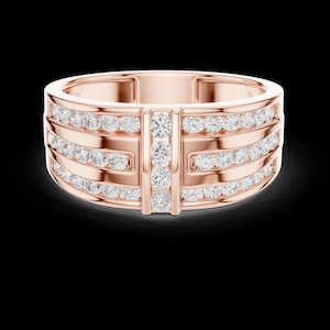 May include: Rose gold ring with multiple rows of sparkling white gemstones. The ring features a geometric design with vertical and horizontal lines, creating a modern and elegant look. The gemstones are evenly spaced, adding to the ring's overall brilliance.