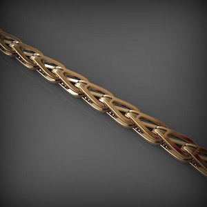 May include: A gold-colored chain necklace with a repeating Celtic knot design. The links are oval-shaped and interlocked, creating a continuous pattern. The necklace is displayed against a dark gray background.