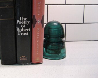 ONE Heavy Antique Aqua Green Glass Insulator Teal Bubbles Heavy Industrial Embossed numbers Bookend Paperweight Hemmingray style loft retro