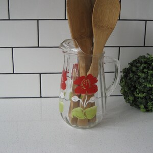 Vintage Ribbed Glass Pitcher Vase Retro Florals rockabilly kitchen wooden utensil holder throwback design classic garden party gift bar cart