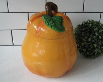 9" Vintage Woolco Cookie Jar Japan Sanyei Nagoya 3D figural Glazed ceramics Huge Retro storage Giant Peach Giant Pear Cookie Monster gift