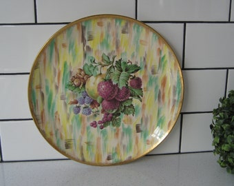 10" Vintage Royal Tudor Barker Bros England Fruits Geometric Decorative Plate Boho Flowers Wall Hanging Gallery Art Hand Painted Gold Decor