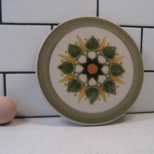 Puede incluir: Un plato redondo de cerámica con un diseño floral verde, amarillo y blanco. El plato tiene un borde elevado y una superficie lisa.