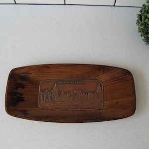 13.25&quot; Vintage 1987 Piaseczno Warszawa Handmade Wood Raised Relief Copper Wall Hanging Tray Spoldzielnia Rzemieslnicza Polish folk art gift