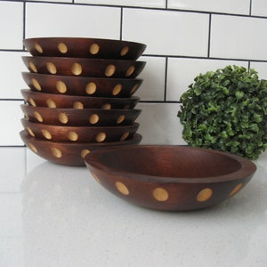 8pc Set Vintage Thumbprint Baribocraft Wooden Bowls Subtle Oval shape Canadian maple solid wood Teak stain MCM kitchen tiki boho nature gift
