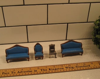 4pc Lot Vintage Mattel Tiny Dollhouse Metal Furniture 3" long Couch quantity two matching wingback silver occasional chair Hong Kong gift