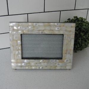 8.5&quot; Vintage Inlaid Shell Picture Photo Frame Wooden Easel back Glass Beach Nature Cottage chic Vertical horizontal boho white wedding gift