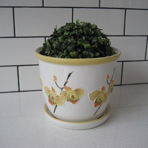 Exquisite Vintage 3D Embossed Phalaenopsis Orchid Porcelain Planter Cachepot wrap around design glazed attached tray handpainted classy gift