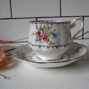 Vintage Royal Albert China Teacup Set Petit Point Chintz Pattern 778676 Gold gilding made in England retro shower gift garden tea party