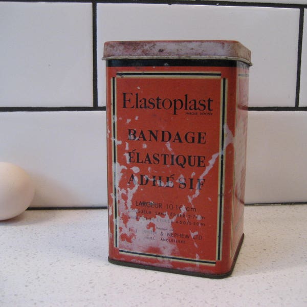 Vintage Medical Apothecary Tin Elastoplast Bandages English & French Retro graphics Great storage for all the things Organizing gift idea