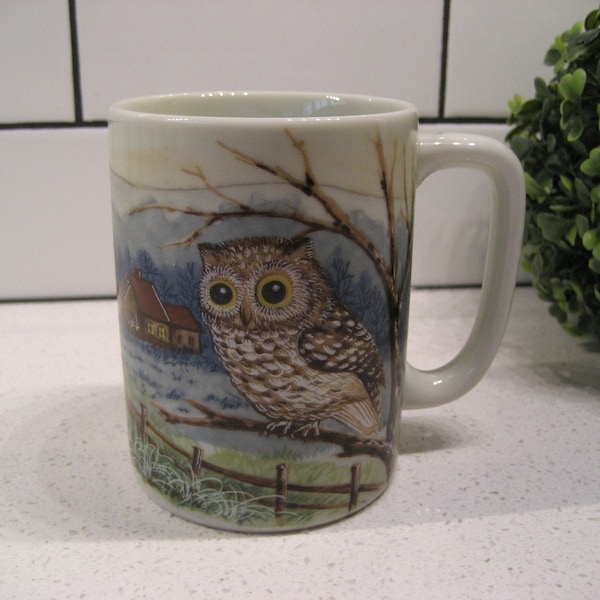 Vintage Otagiri Owl Mug made in Japan huge eyes woodland country house wraparound autumn winter bare branches naturalist gift owl lover gift