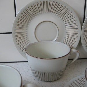 Vintage Cleopatra Fris Pottery Cup Saucer Set Edam Holland Incised Stoneware Dove grey Tan Modern Minimalist understated gift urban rustic