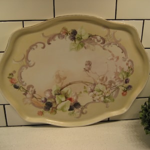 17" XL Lovely Antique William Guerin & Co Limoges Quatrefoil Tray Dessert Platter Hand-painted berries vines blossoms lattice France luxury