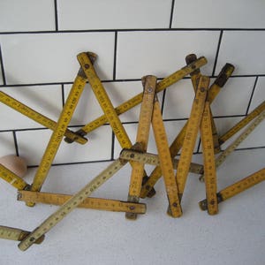 4pc Bulk Instant Vintage Collection Folding Wooden Metal Measuring Stick Advertising ruler Geba Howal made in Germany industrial mercantile