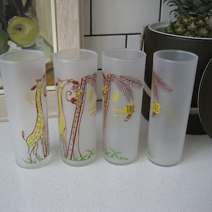 4pc Set 7" Vintage Frosted Glass A Real Tall Drink Highball monkey giraffe palm coconut tree ladder retro cartoon pool party tiki cute fun