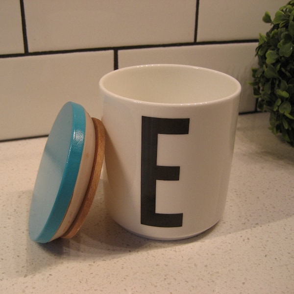 Vintage Arne Jacobsen Design Letters Storage Canister Porcelain Cup Typography Aqua Wood Lid Sesame Street Brought To You By The Letter E