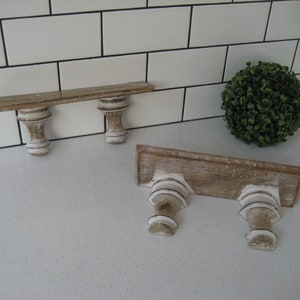 Pair 10.25&quot; Vintage Wooden Slim Wall Shelves Distressed Paint Finish Shabby chateaux Front Porch Column Brackets versatile display handmade