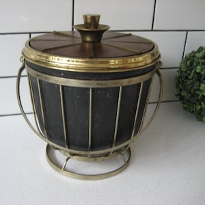 Seltener Vintage Pyrex 2 Quart Eiskübel Dickes Strukturglas Messing Inlay Speichen Massivholz Metallrahmen Mad Men Stil Retro Barwagen Champagner