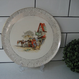 XL Vintage H&K Tunstall Cake Plate Ye Swan Inn Olde English Horse and Carriage Gold floral dotted border England Dresser tray afternoon tea
